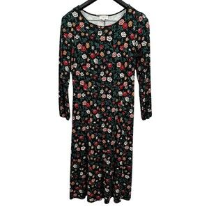 LOFT Midi Dress Medium Long Sleeve Black Floral Jersey Knit Scoop BOHO Romantic